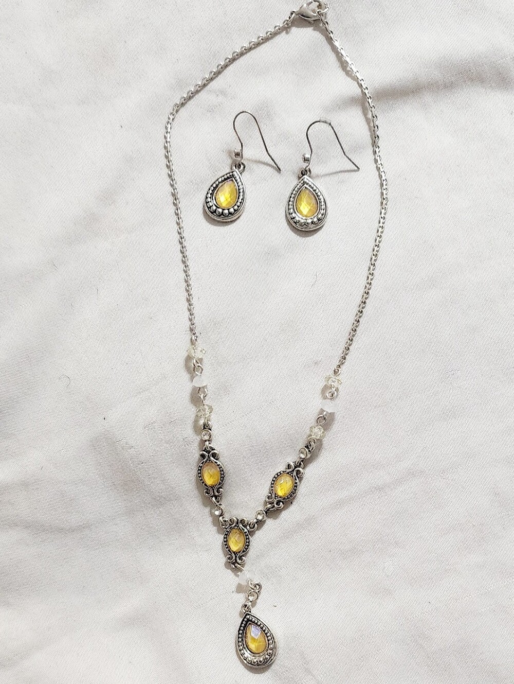 Avon Silver-Tone Necklace & Teardrop Earrings with Yellow Accents